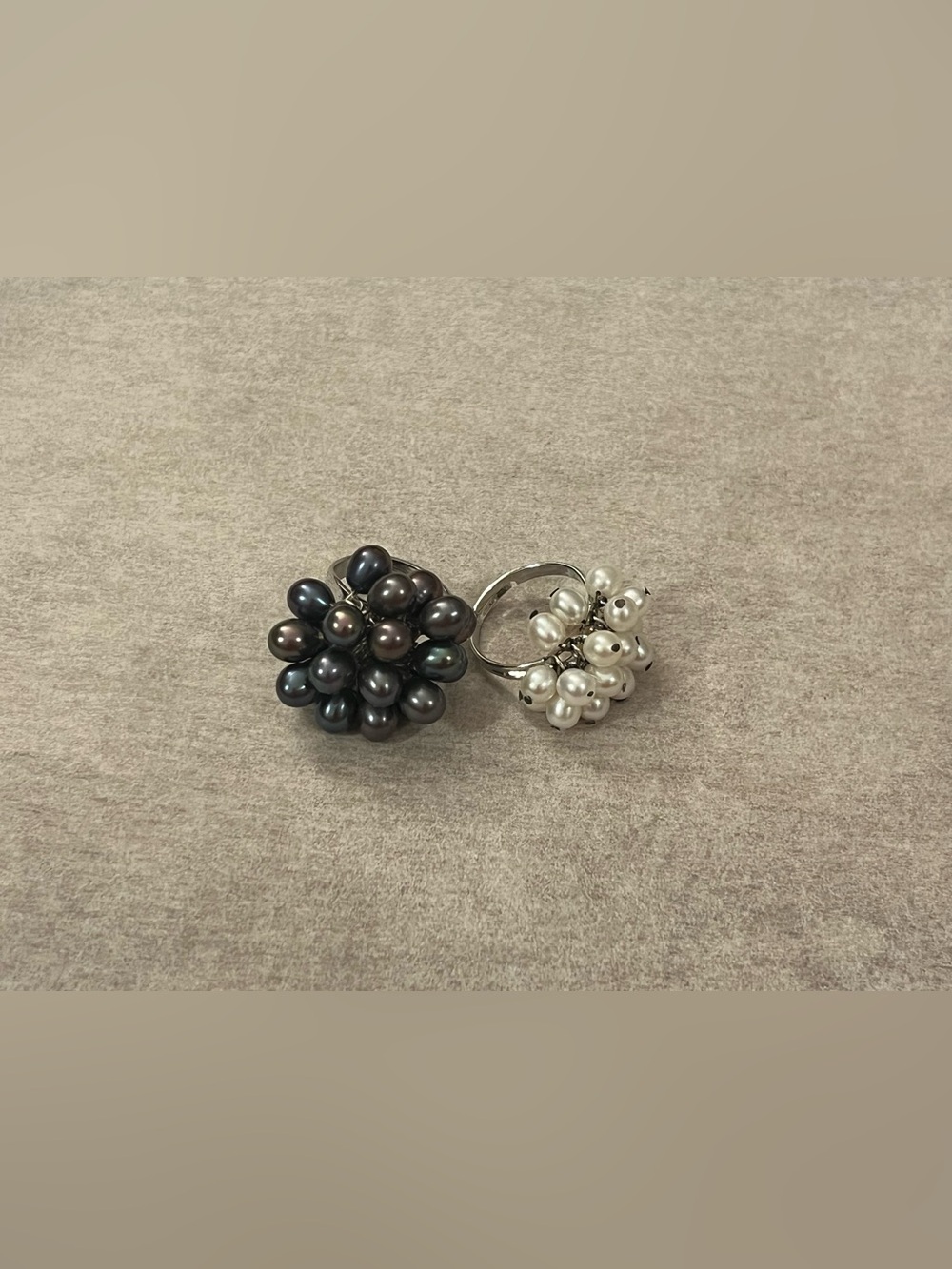 Vintage Faux Black Peacock & White Pearl Cluster Cha-Cha Ring Set